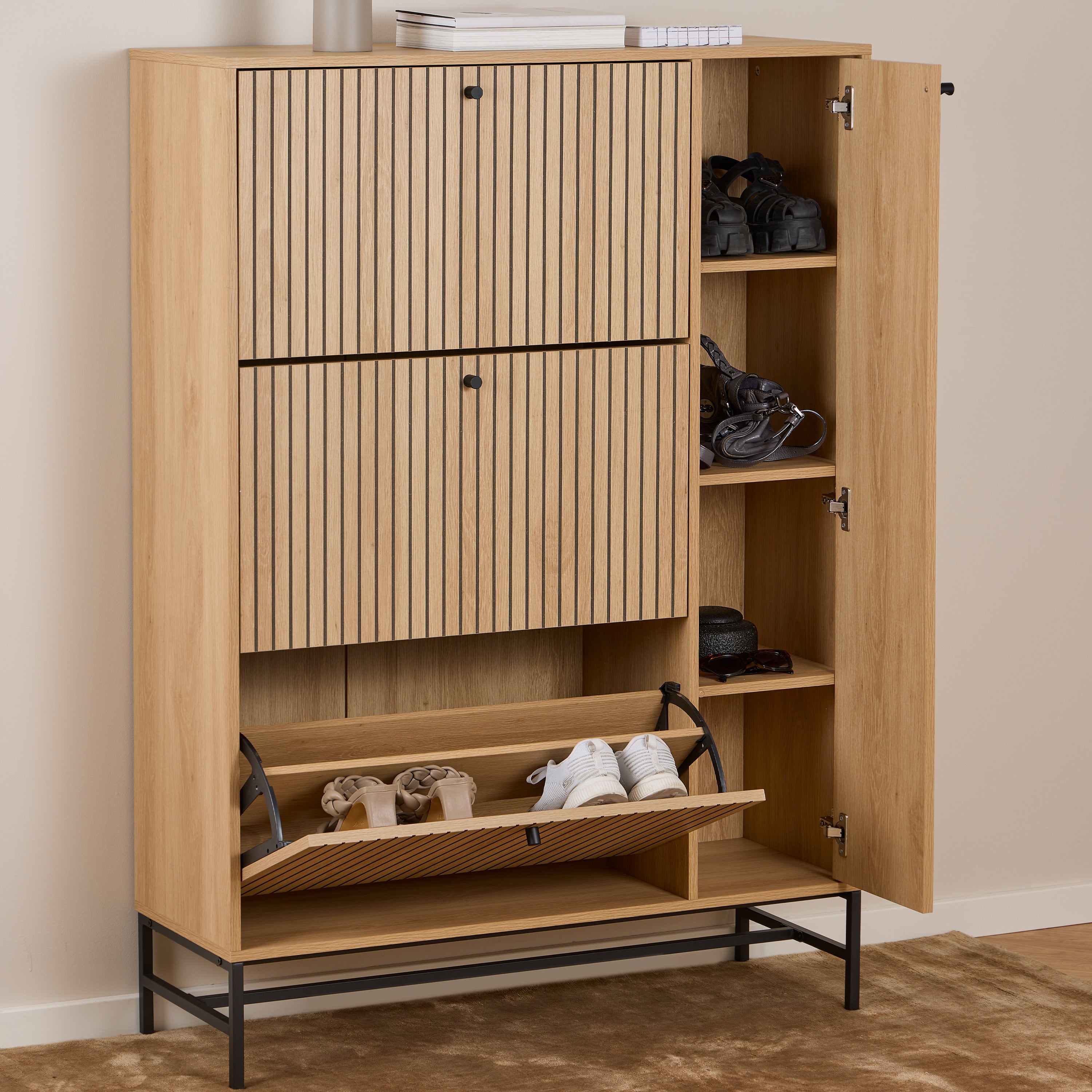 Albany Shoe Cabinet 3 Flip Down Doors 1 Pull Open Door in Oak/Black Legs