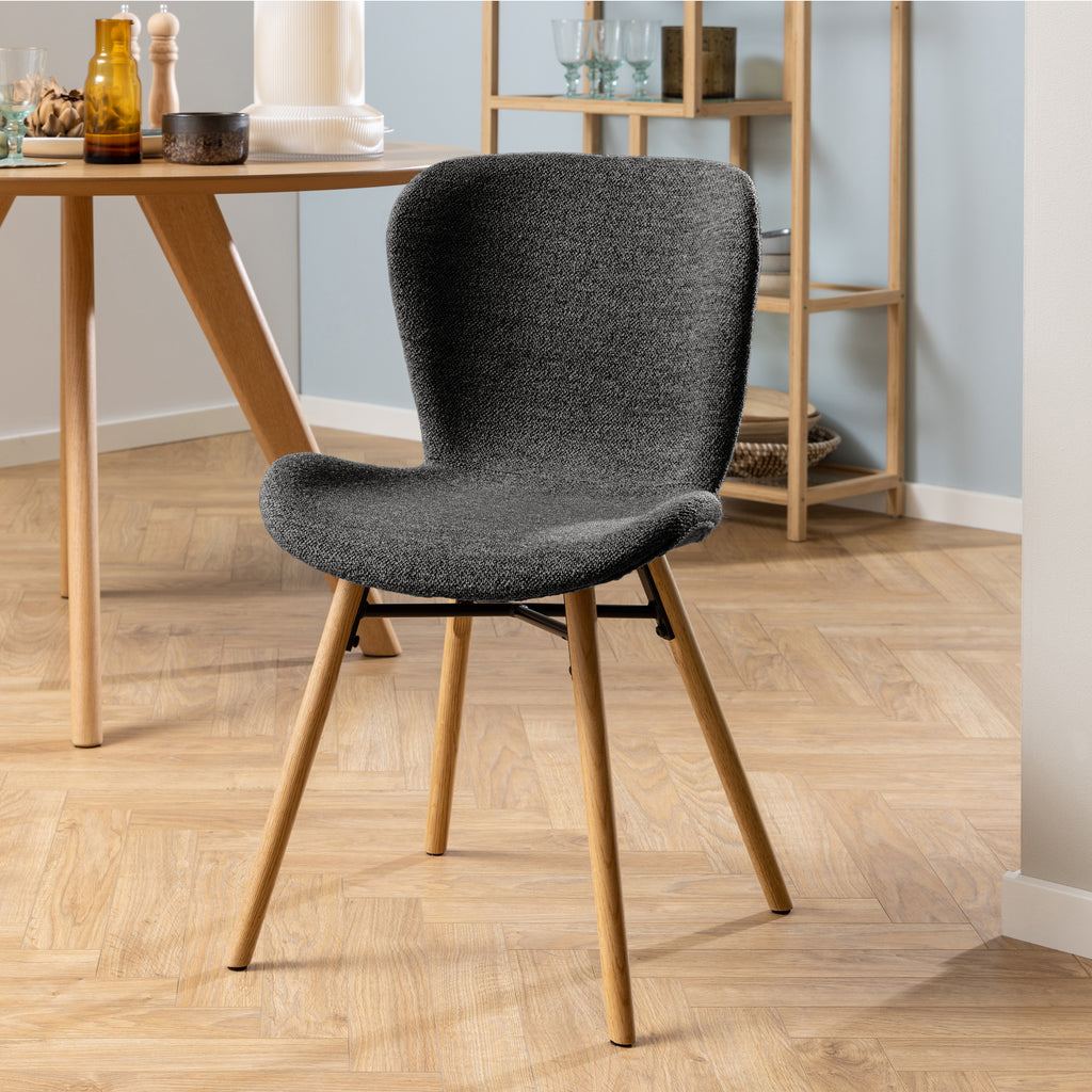 Townsville Round Dining Table in White and Oak Included 4 Batilda Dining Chairs with Grey Fabric and Oak