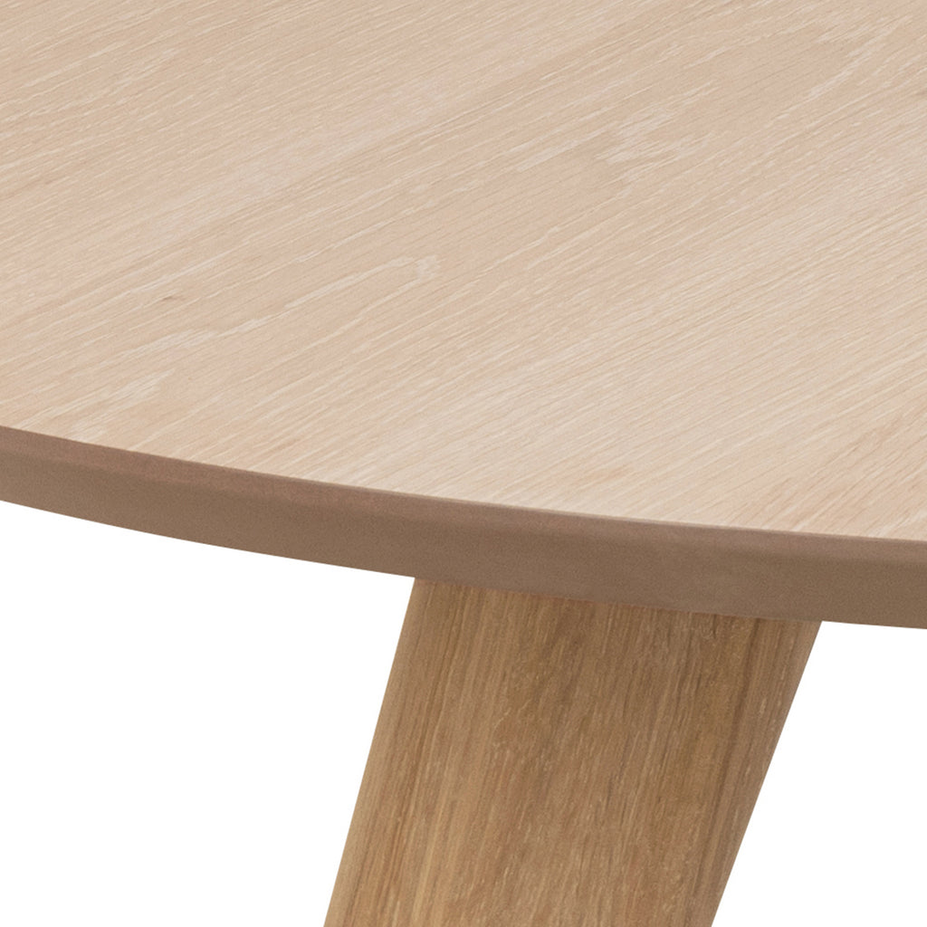 Townsville Round Dining Table in White and Oak Included 4 Batilda Dining Chairs with Grey Fabric and Oak