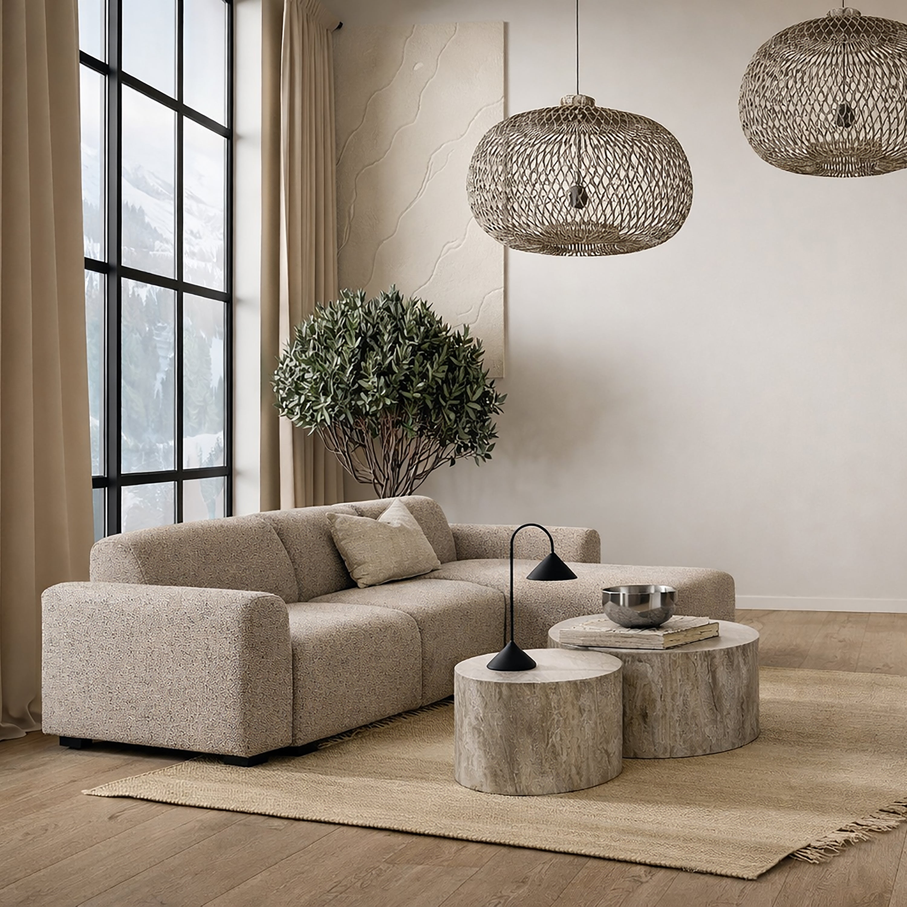 Midfield Left Hand Facing 2 Seater Chaise Longue in Boucle Beige Fabric