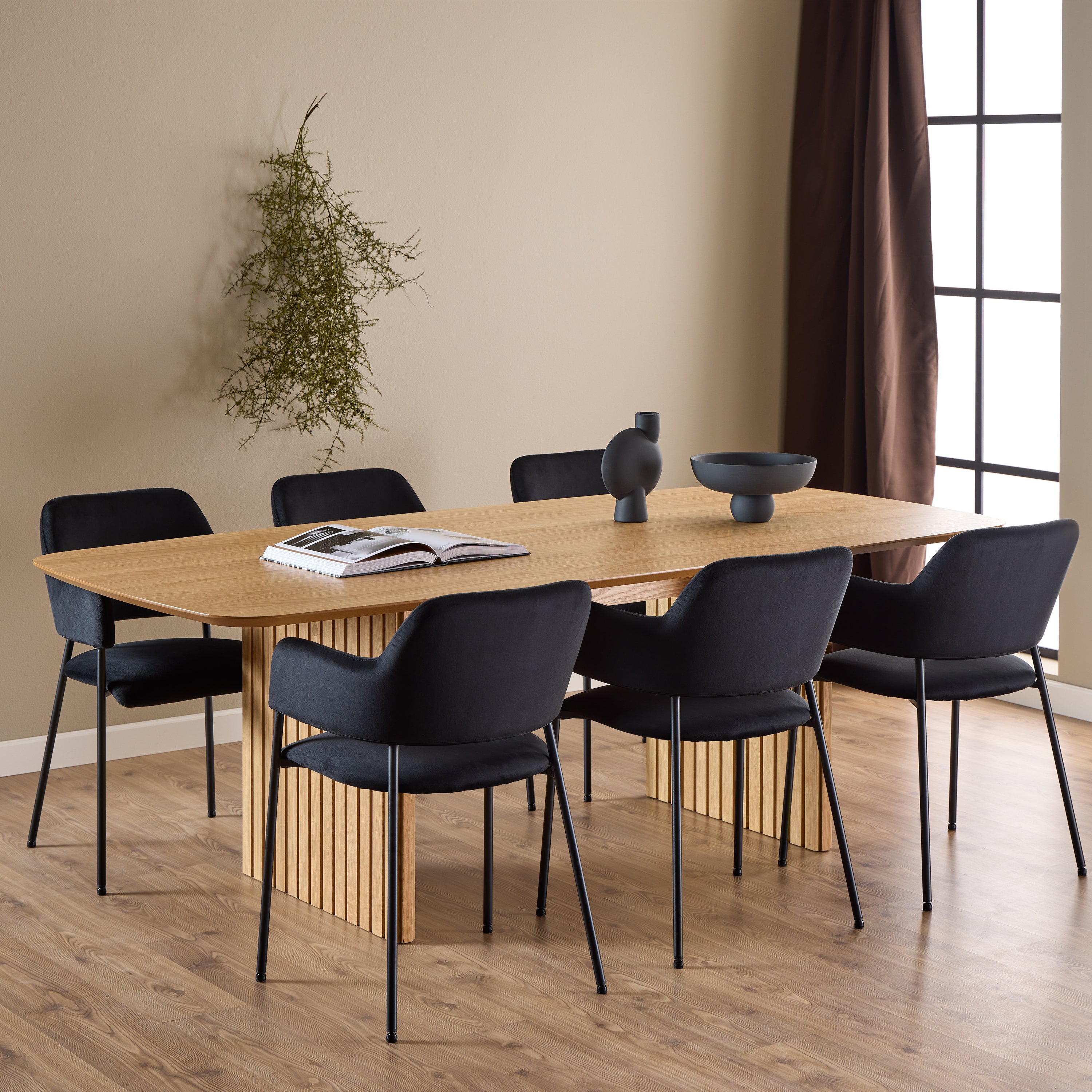 Christo Dining Table in Oak 220x75cm including 6 Lima Dining Chairs with Armrest in Black