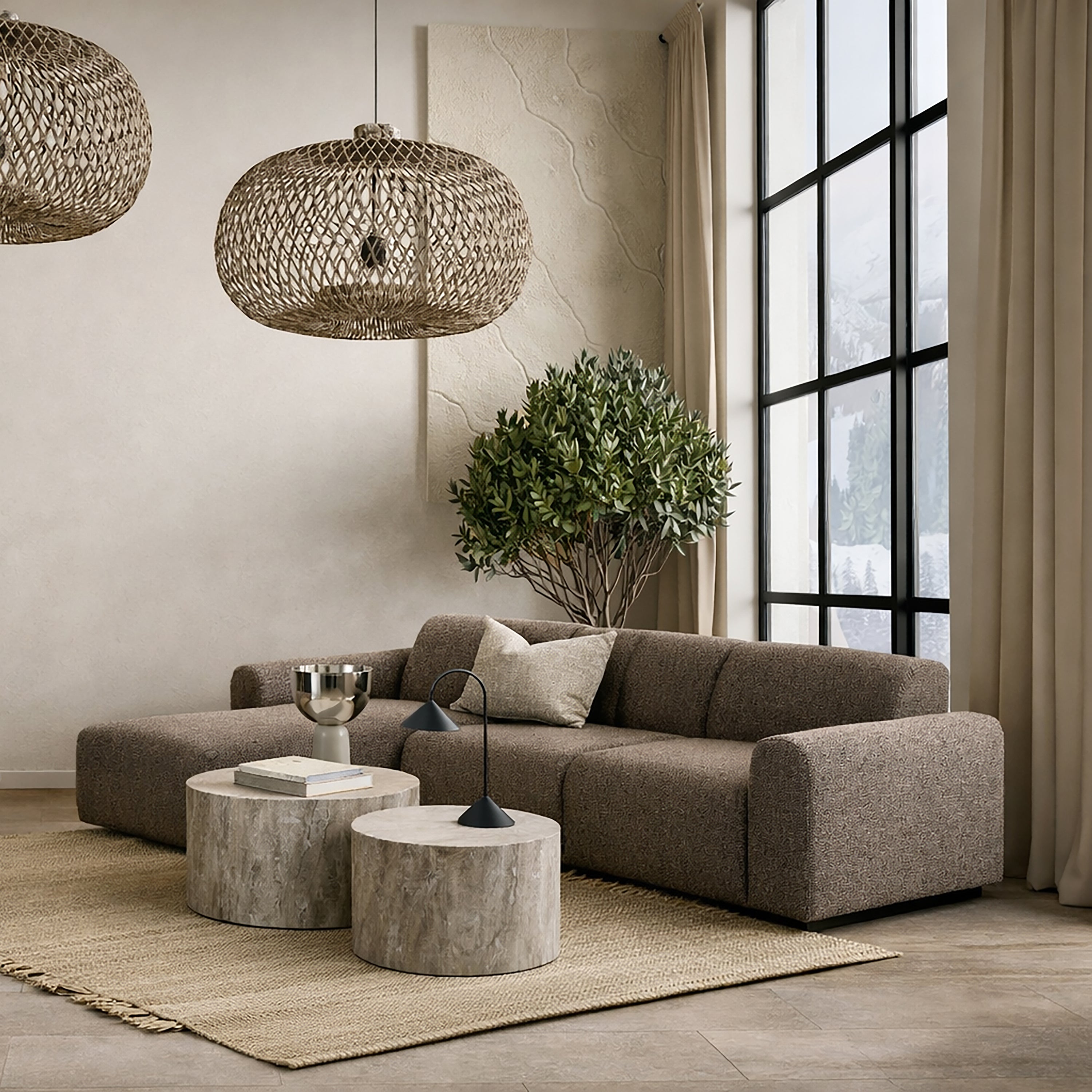 Midfield Left Hand Facing 2 Seater Chaise Longue in Boucle Taupe Fabric