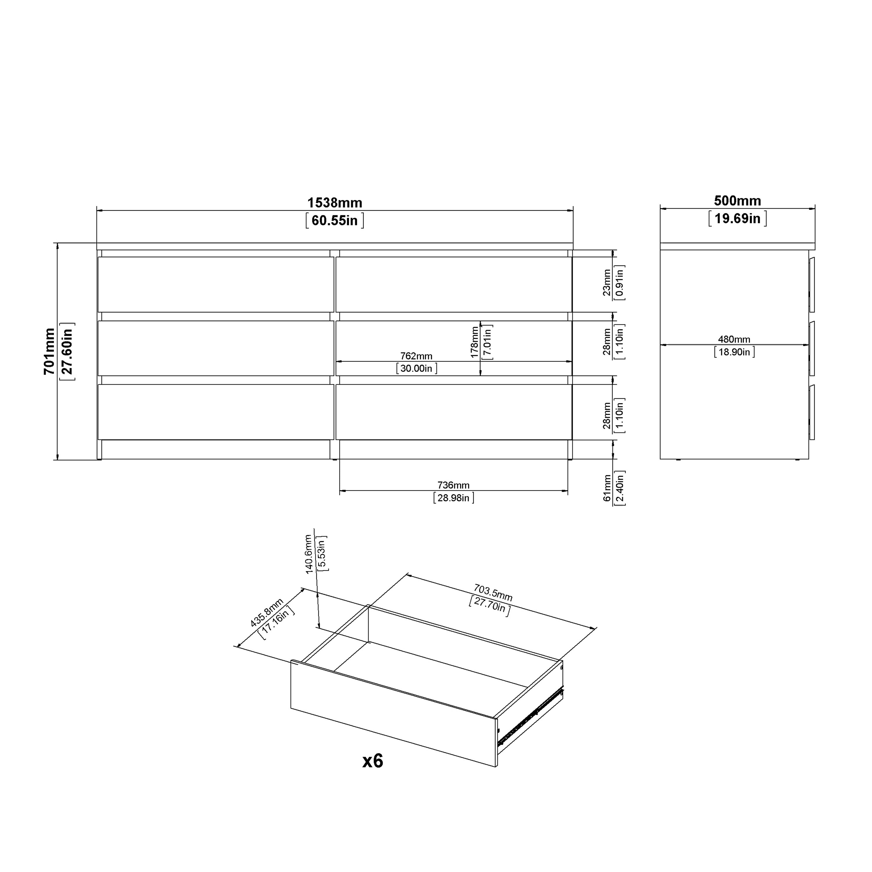 Naia Wide Chest of 6 Drawers (3+3) in Jackson Hickory Oak